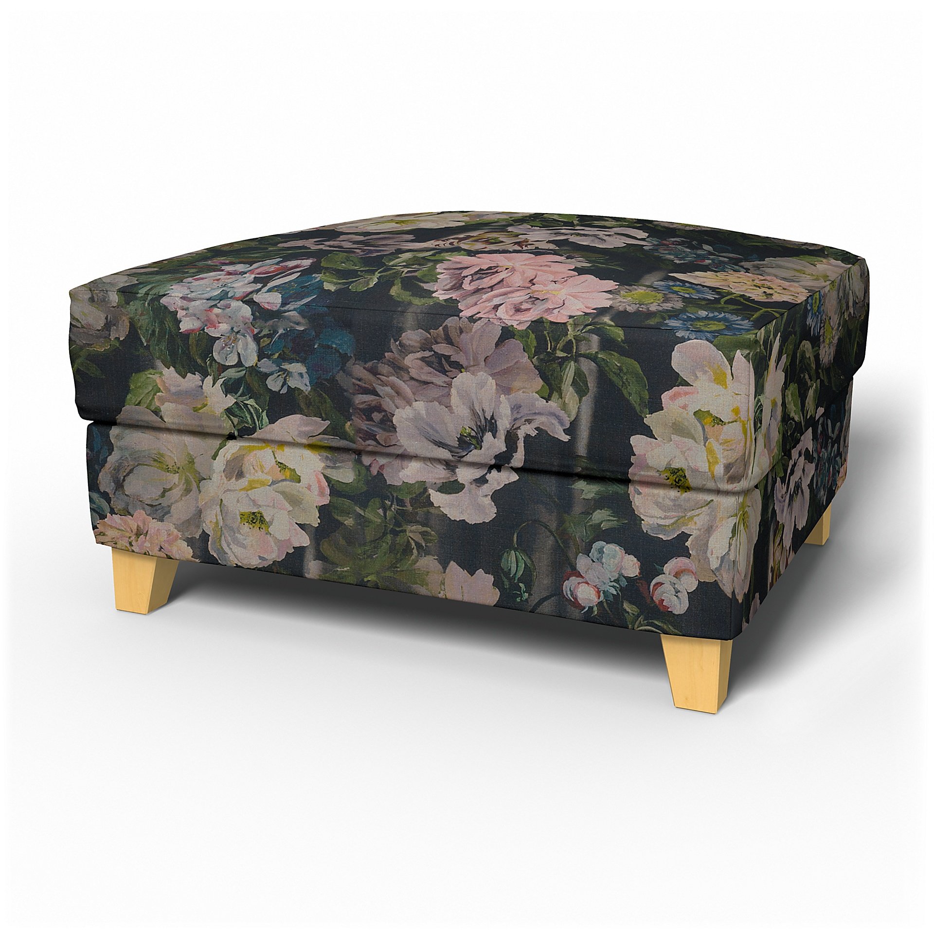IKEA - Backa Footstool Cover, Delft Flower - Graphite, Linen - Bemz
