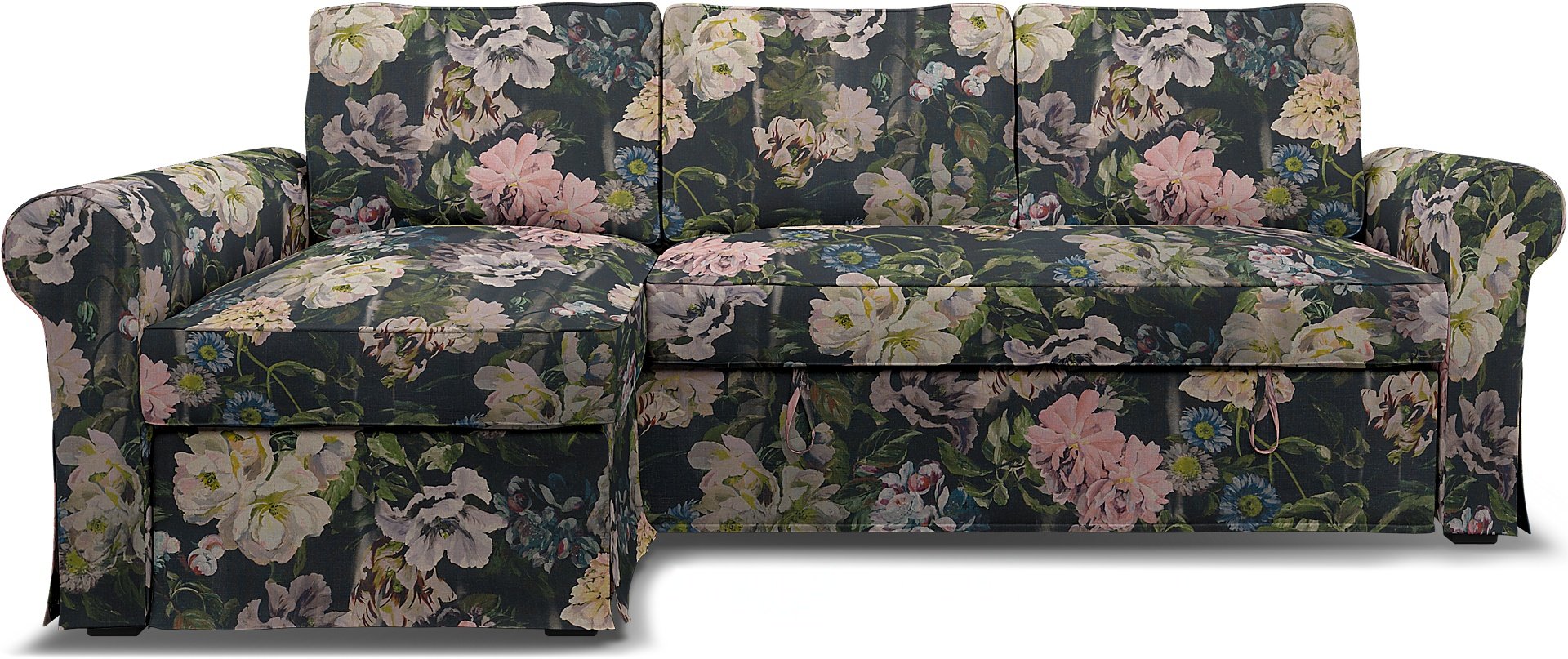 IKEA - Backabro Sofabed with Chaise Cover, Delft Flower - Graphite, Linen - Bemz