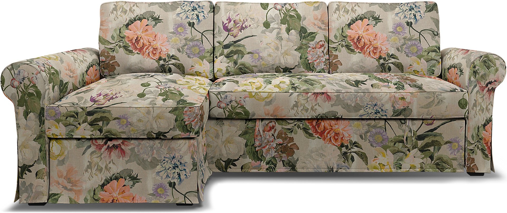 IKEA - Backabro Sofabed with Chaise Cover, Delft Flower - Tuberose, Linen - Bemz