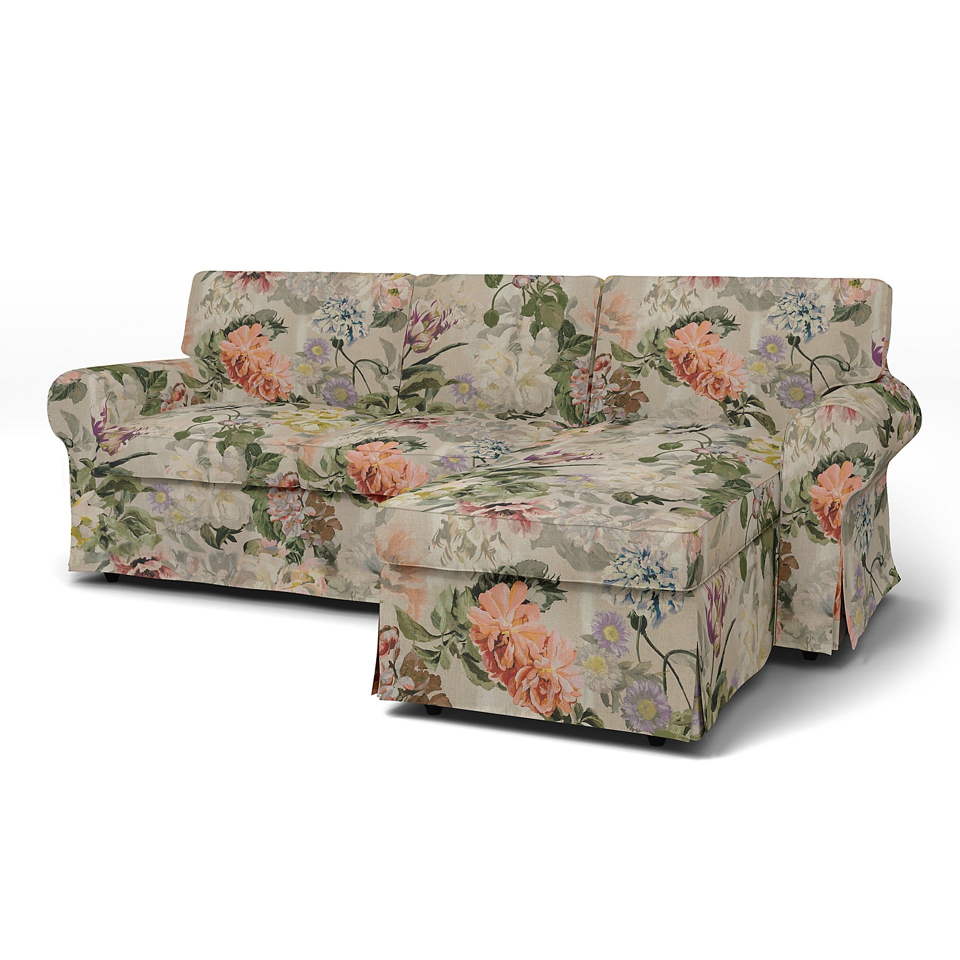 IKEA - Ektorp 3 Seater Sofa with Chaise Cover, Delft Flower - Tuberose, Linen - Bemz