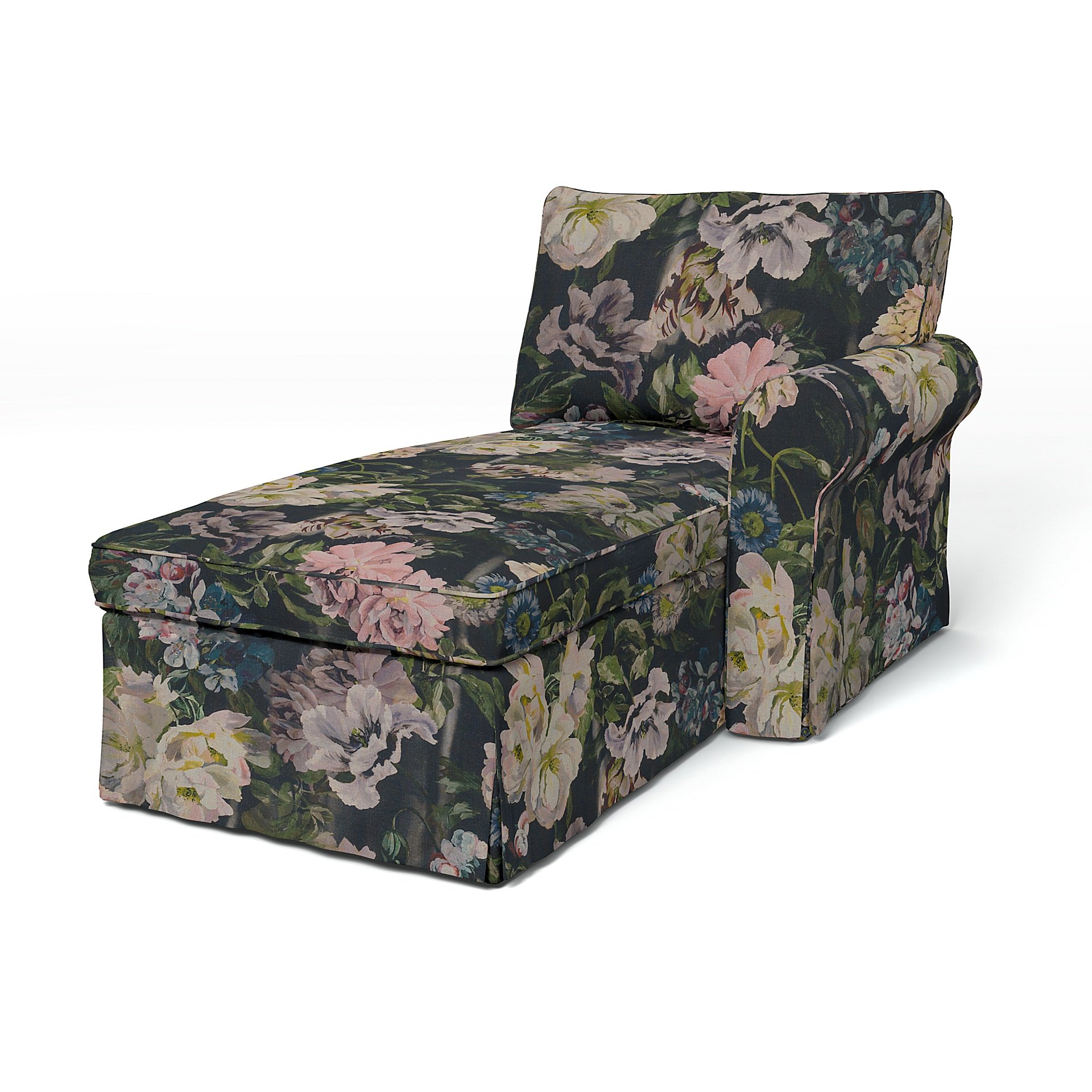 IKEA - Ektorp Chaise with Right Armrest Cover, Delft Flower - Graphite, Linen - Bemz