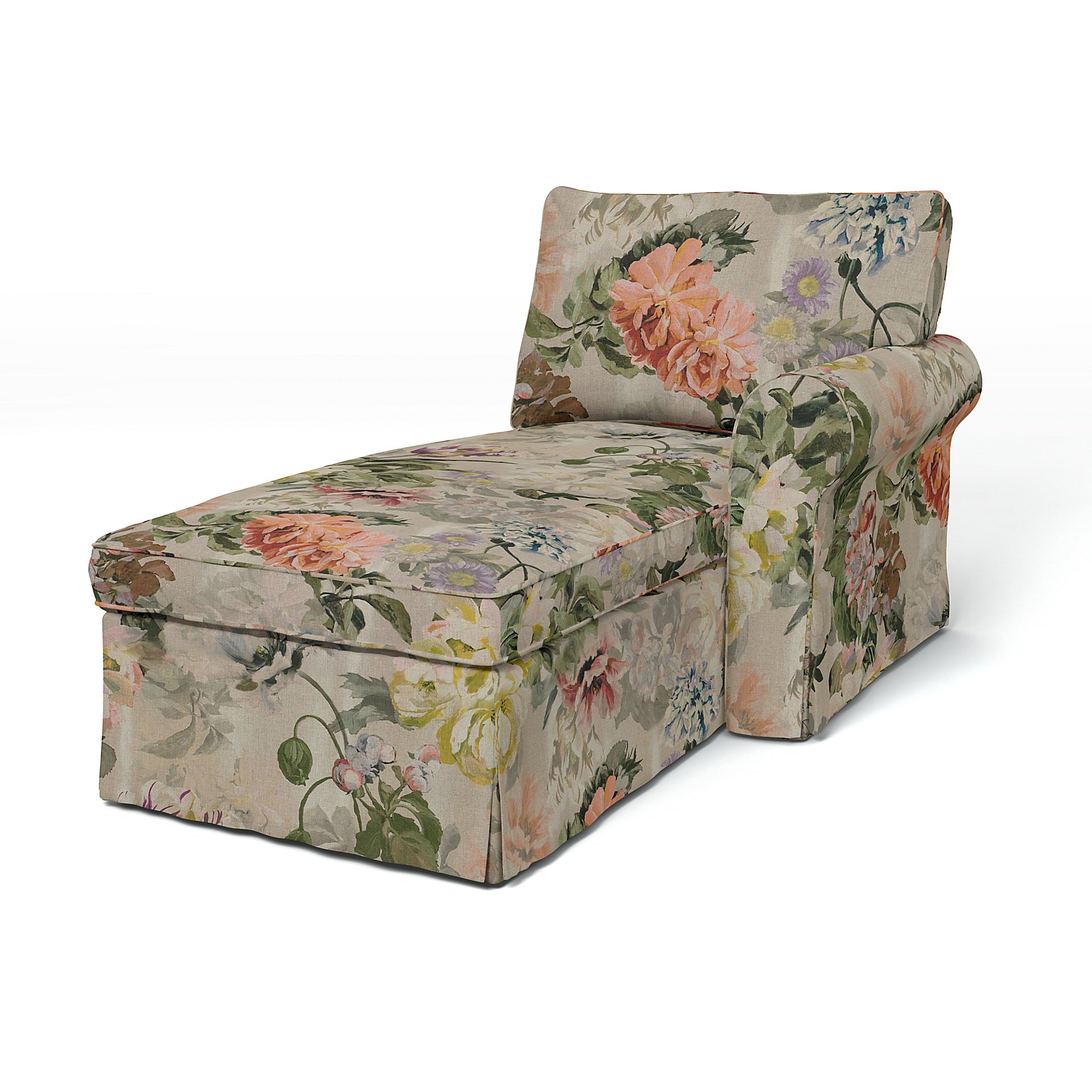 IKEA - Ektorp Chaise with Right Armrest Cover, Delft Flower - Tuberose, Linen - Bemz