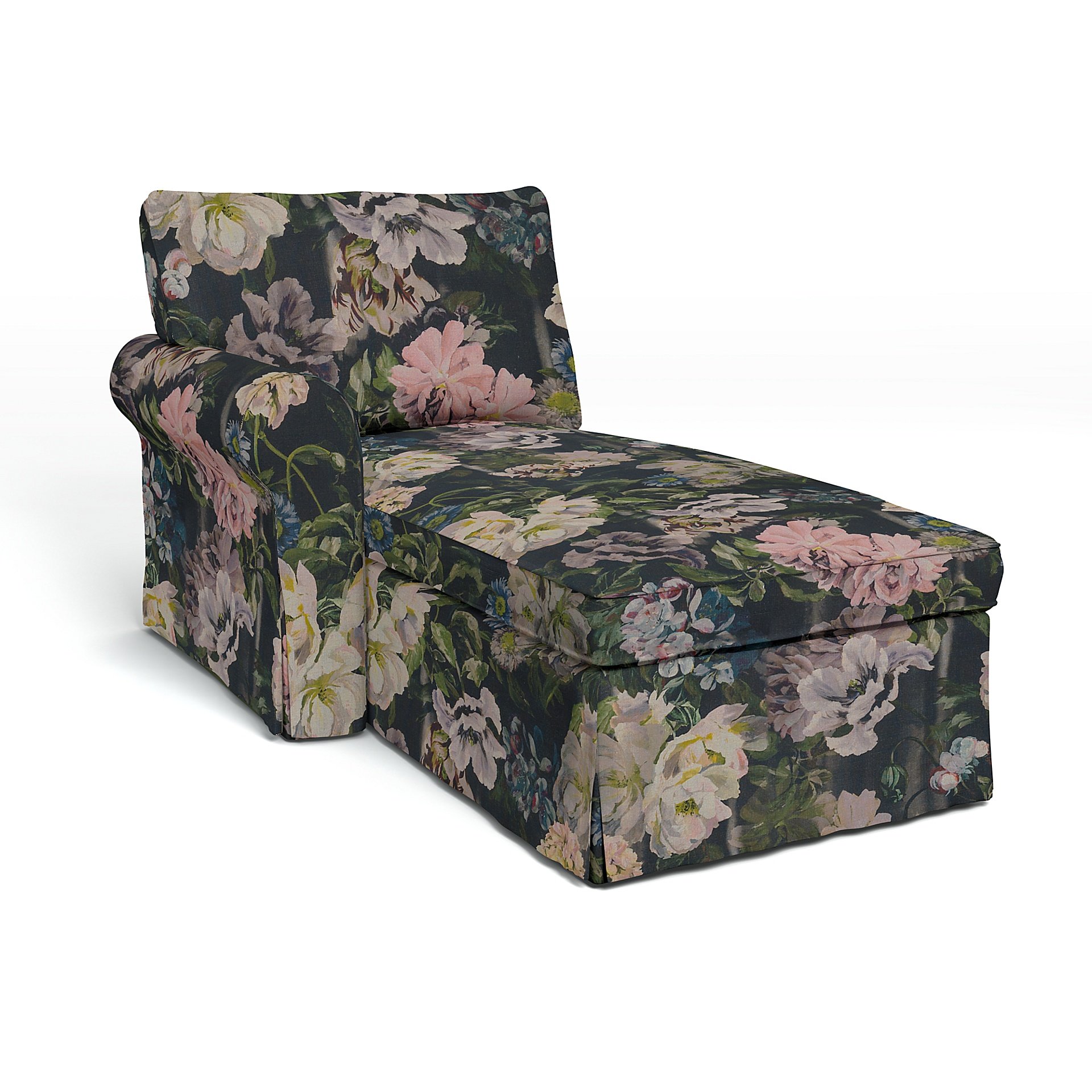 IKEA - Ektorp Chaise with Left Armrest Cover, Delft Flower - Graphite, Linen - Bemz