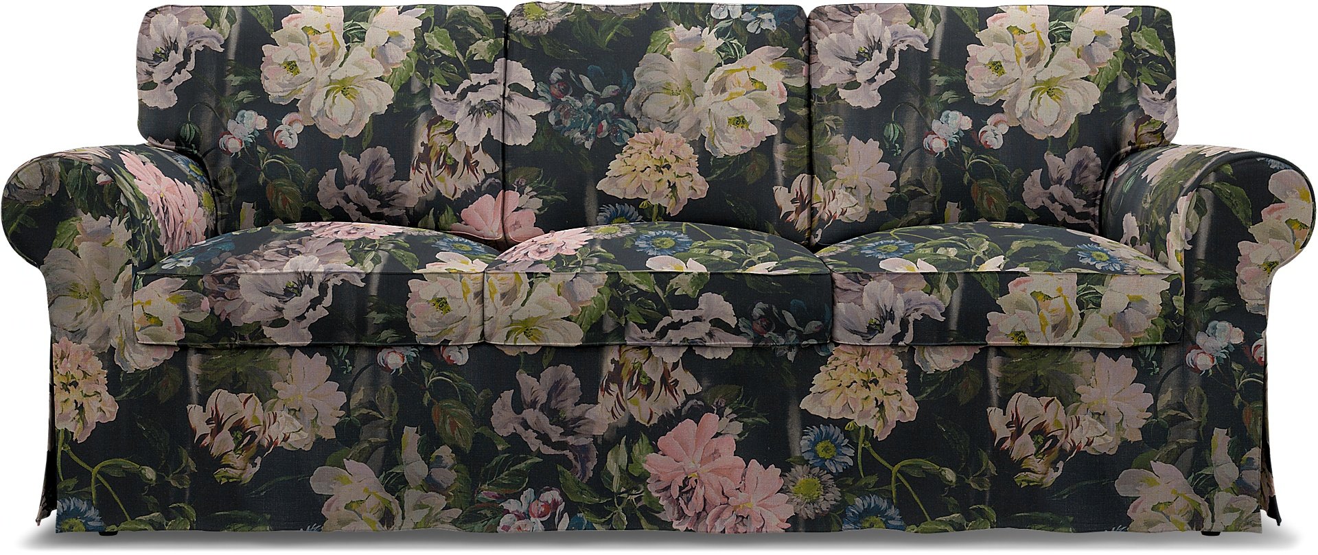 IKEA - Ektorp 3 Seater Sofa Bed Cover, Delft Flower - Graphite, Linen - Bemz