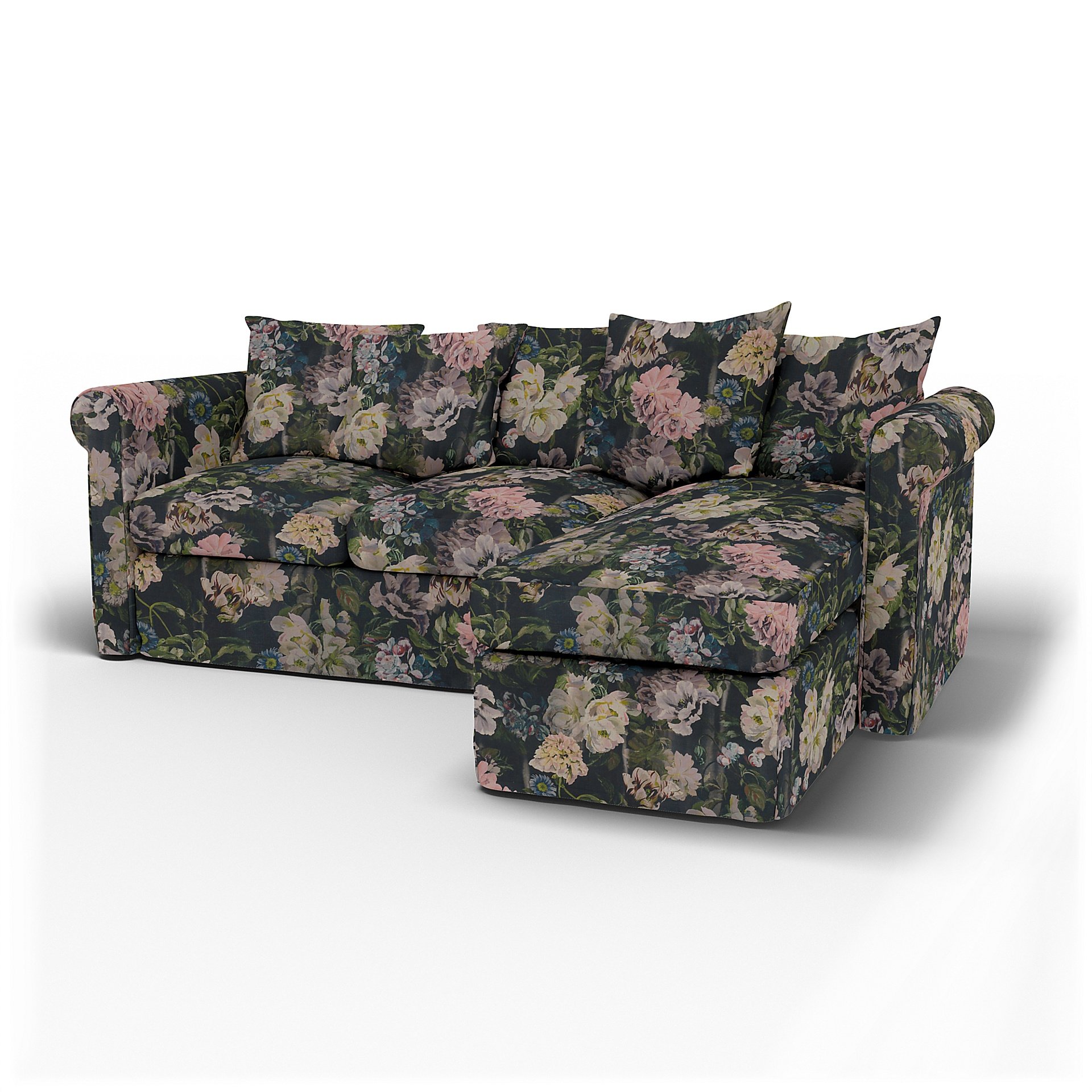 IKEA - Gronlid 3 Seater with Chaise Sofa Cover, Delft Flower - Graphite, Linen - Bemz