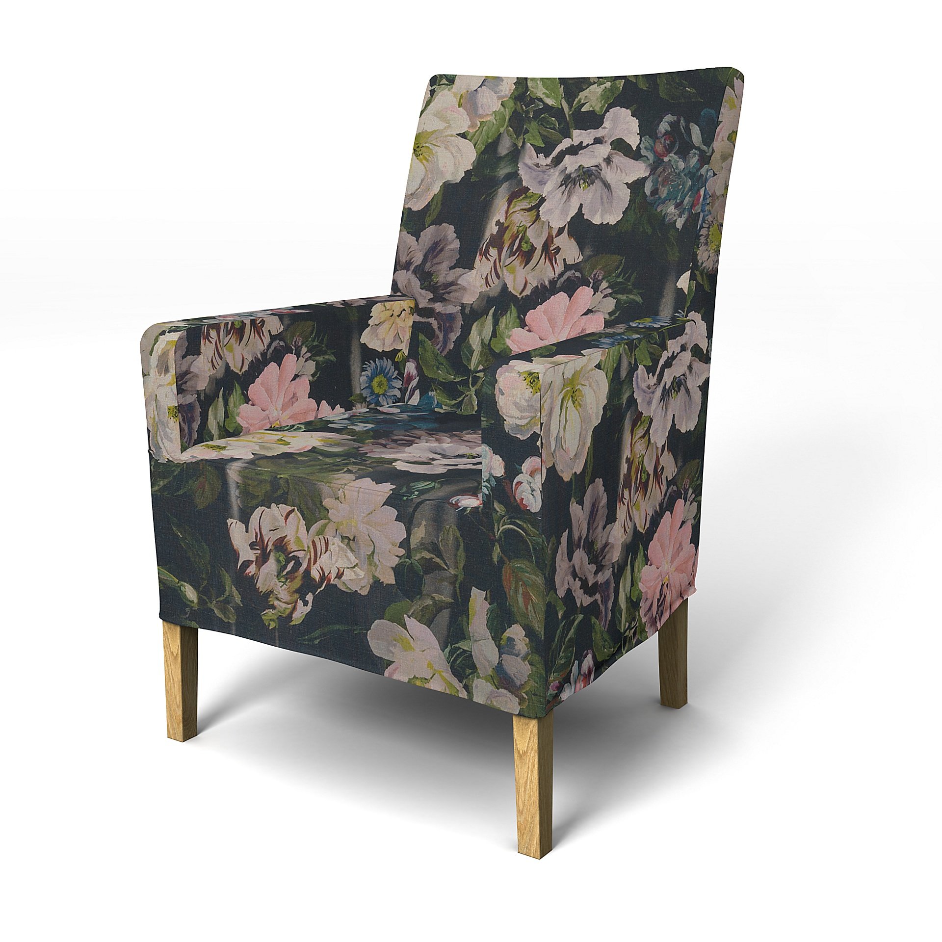 IKEA - Henriksdal, Chair cover w/ armrest, medium length skirt, Delft Flower - Graphite, Linen - Bem