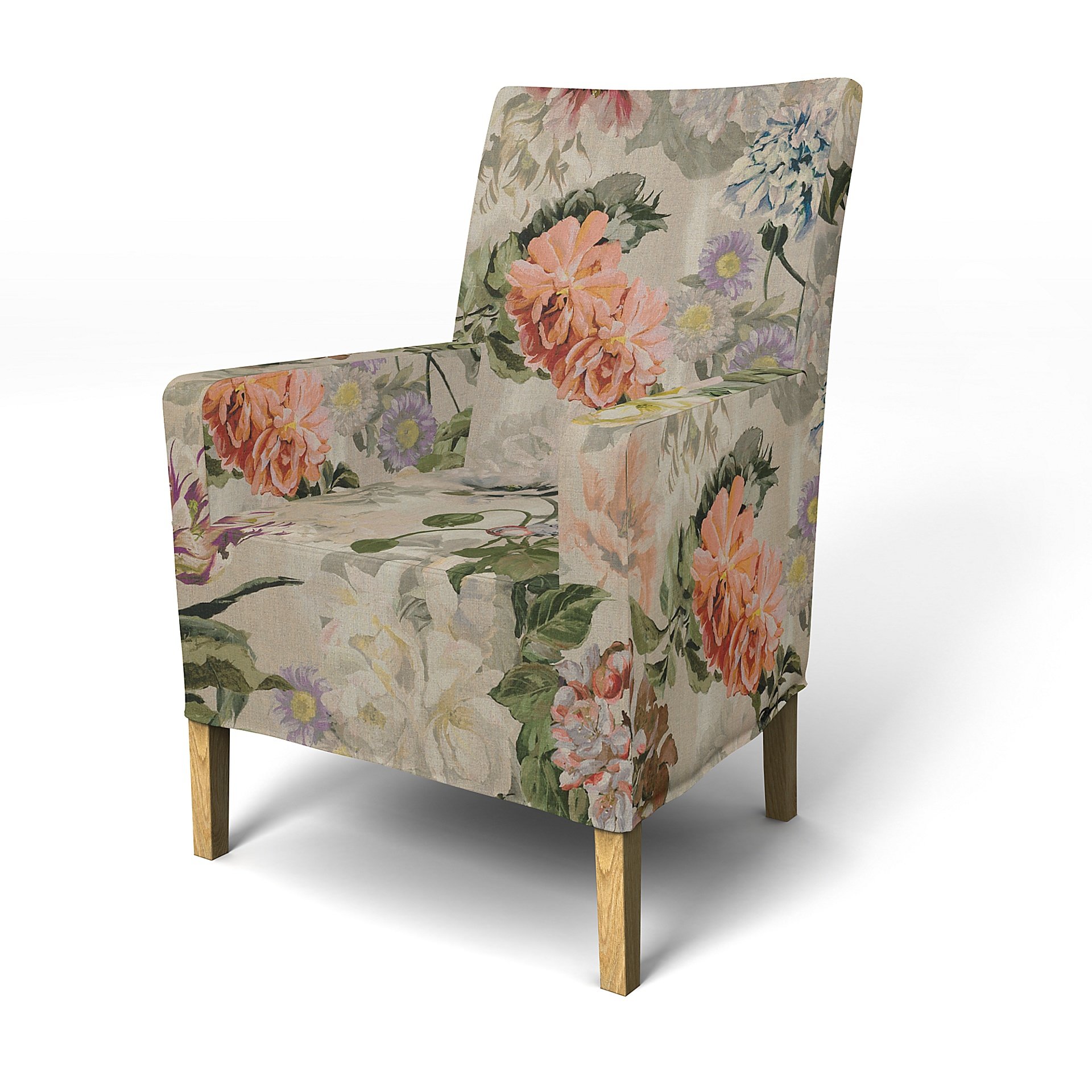 IKEA - Henriksdal, Chair cover w/ armrest, medium length skirt, Delft Flower - Tuberose, Linen - Bem