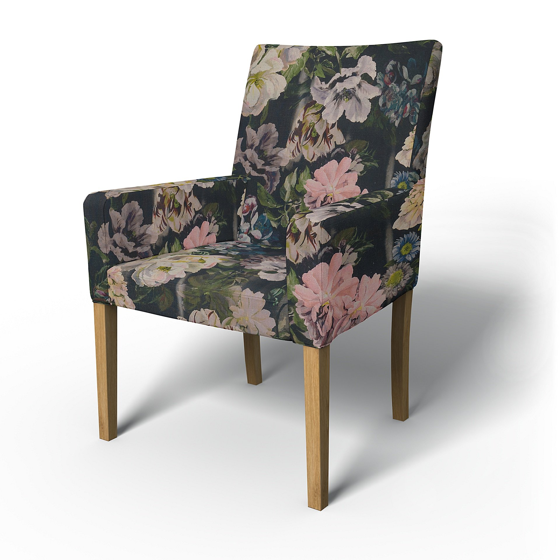 IKEA - Henriksdal, Chair cover w/ armrests, short, Delft Flower - Graphite, Linen - Bemz