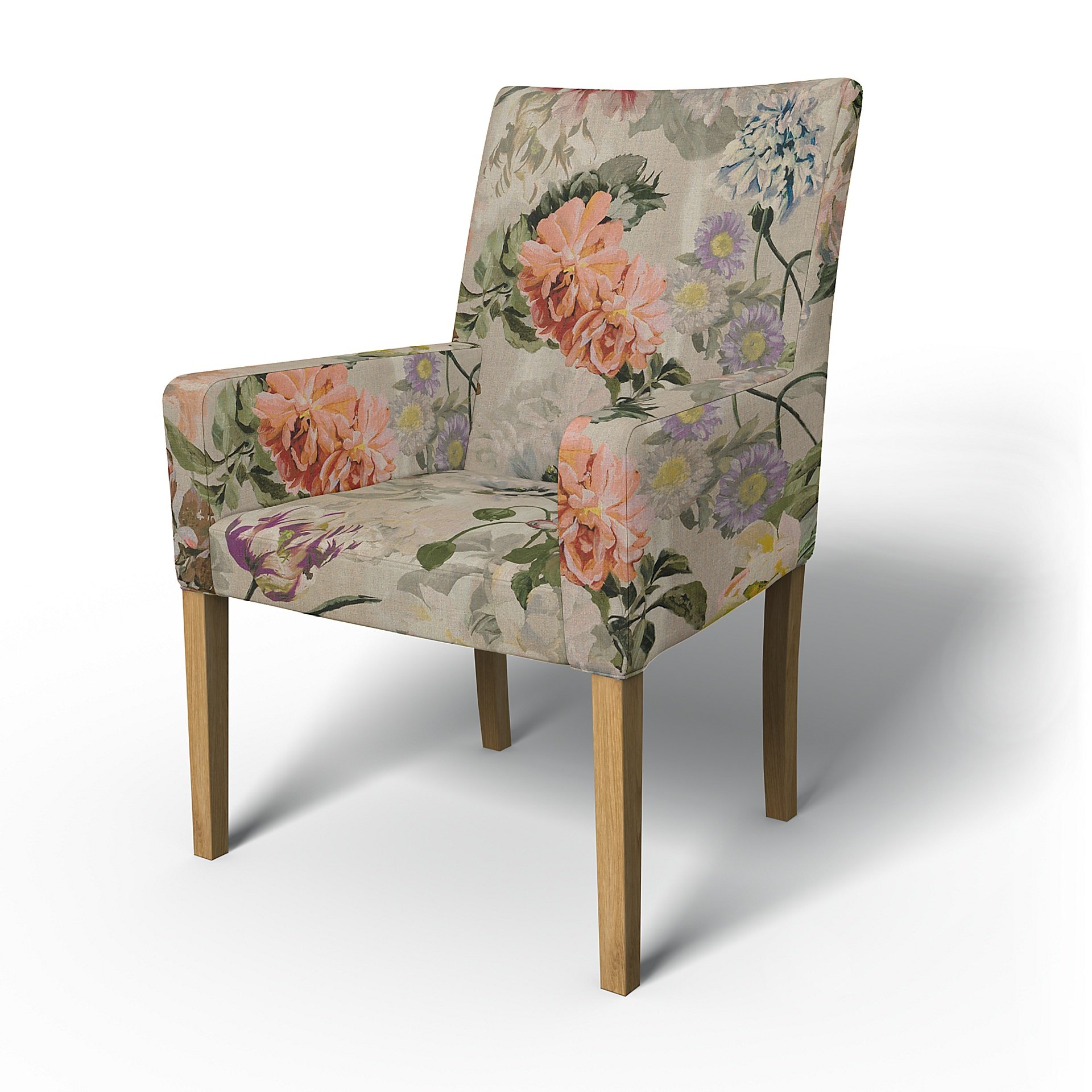 IKEA - Henriksdal, Chair cover w/ armrests, short, Delft Flower - Tuberose, Linen - Bemz