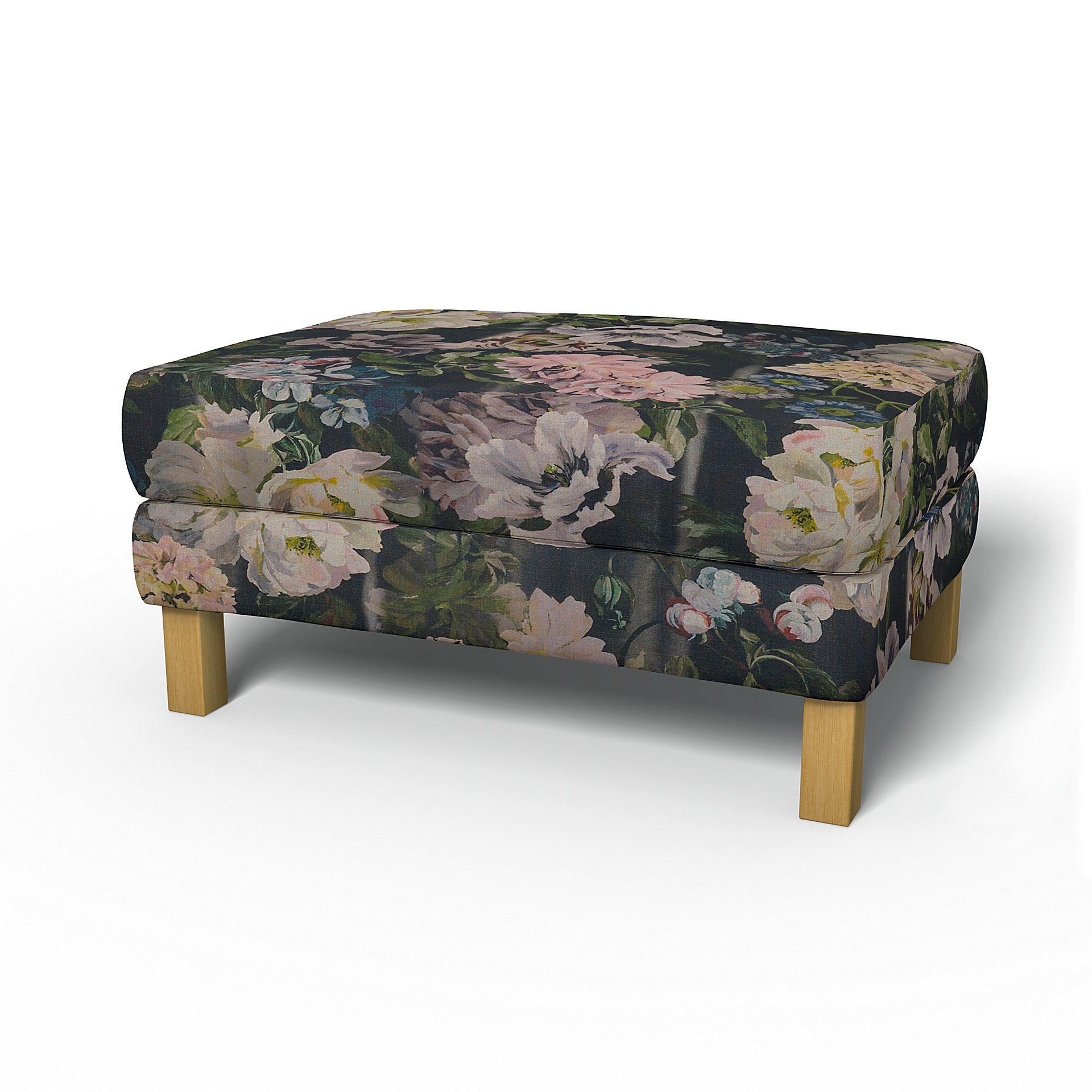 IKEA - Karlstad Footstool Cover, Delft Flower - Graphite, Linen - Bemz
