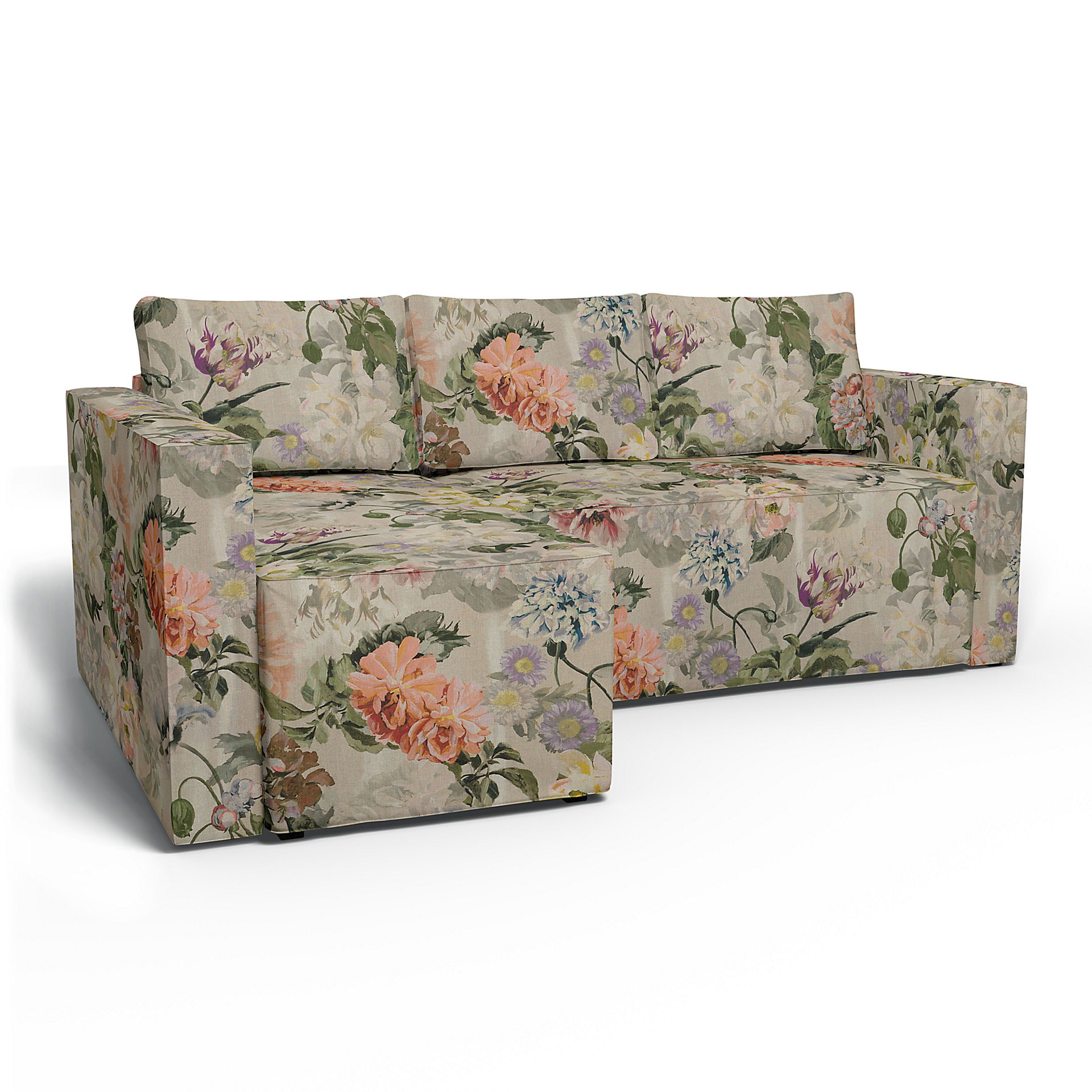 IKEA - Månstad Sofa Bed with Left Chaise Cover, Delft Flower - Tuberose, Linen - Bemz