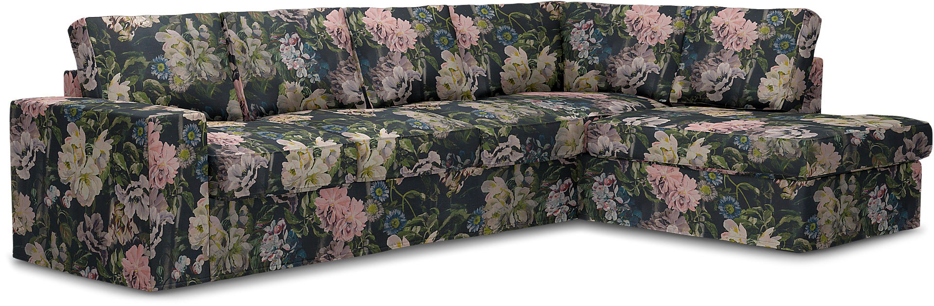 Överdrag till MIO Nevada 3-sits soffa med divan höger. Armstödstyp A, Delft Flower - Graphite, Linne - Bemz