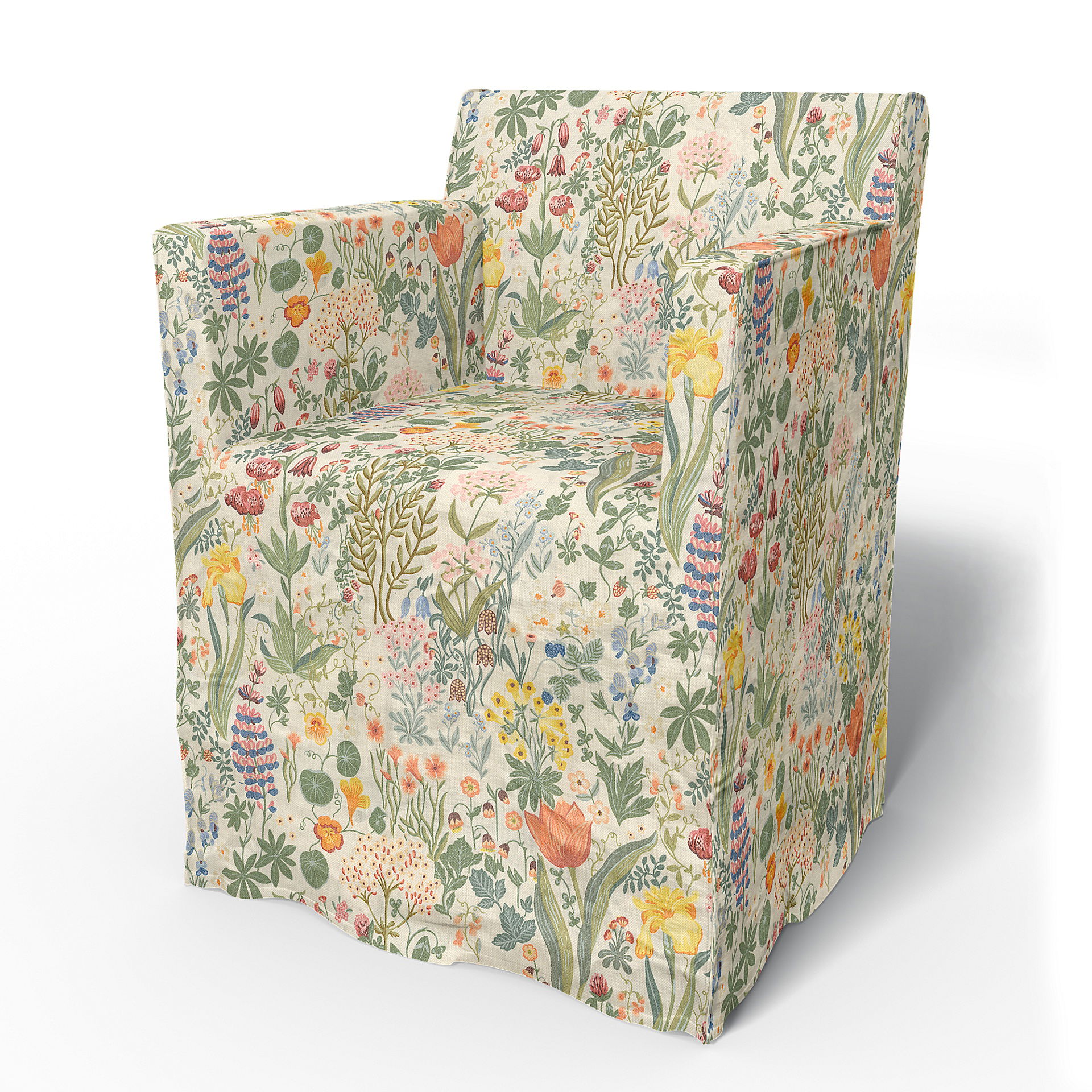 IKEA - Nils Dining Chair with Armrests Cover, Blomsterhav Light, BEMZ x BORÅSTAPETER COLLECTION - Bemz