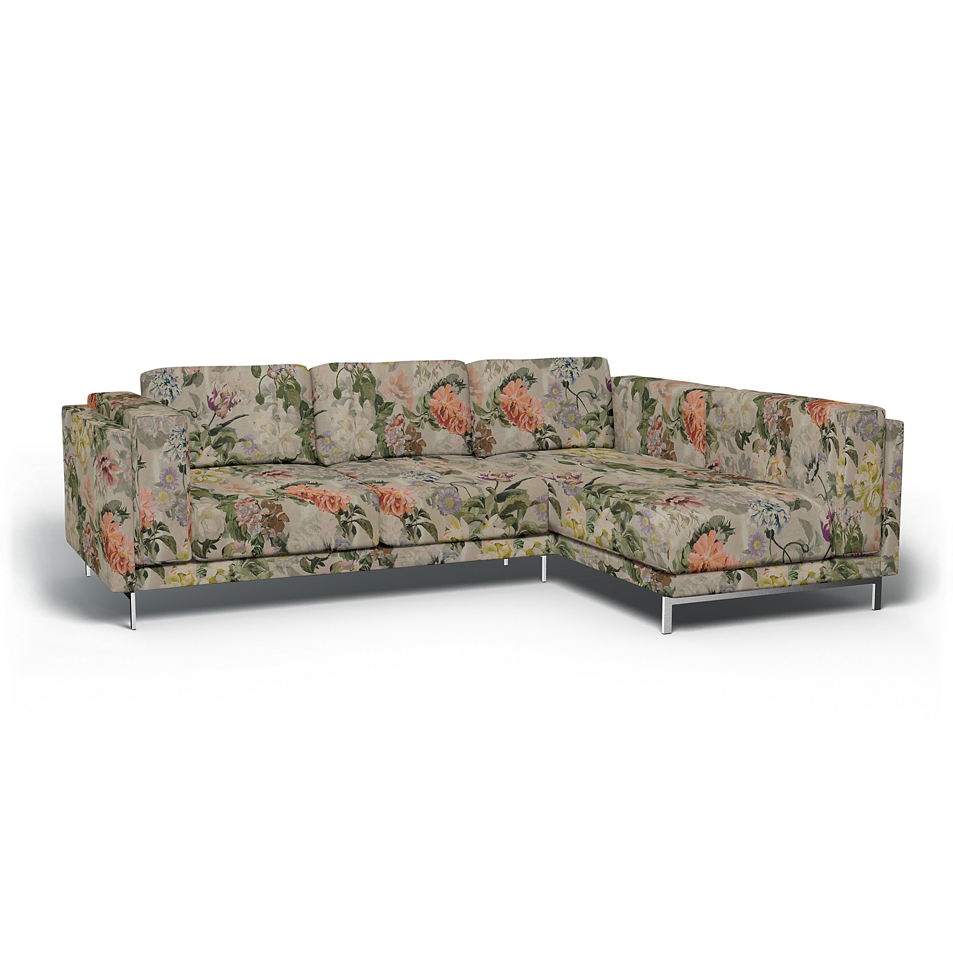 IKEA - Nockeby 3 Seat Sofa with Right Chaise Cover, Delft Flower - Tuberose, Linen - Bemz