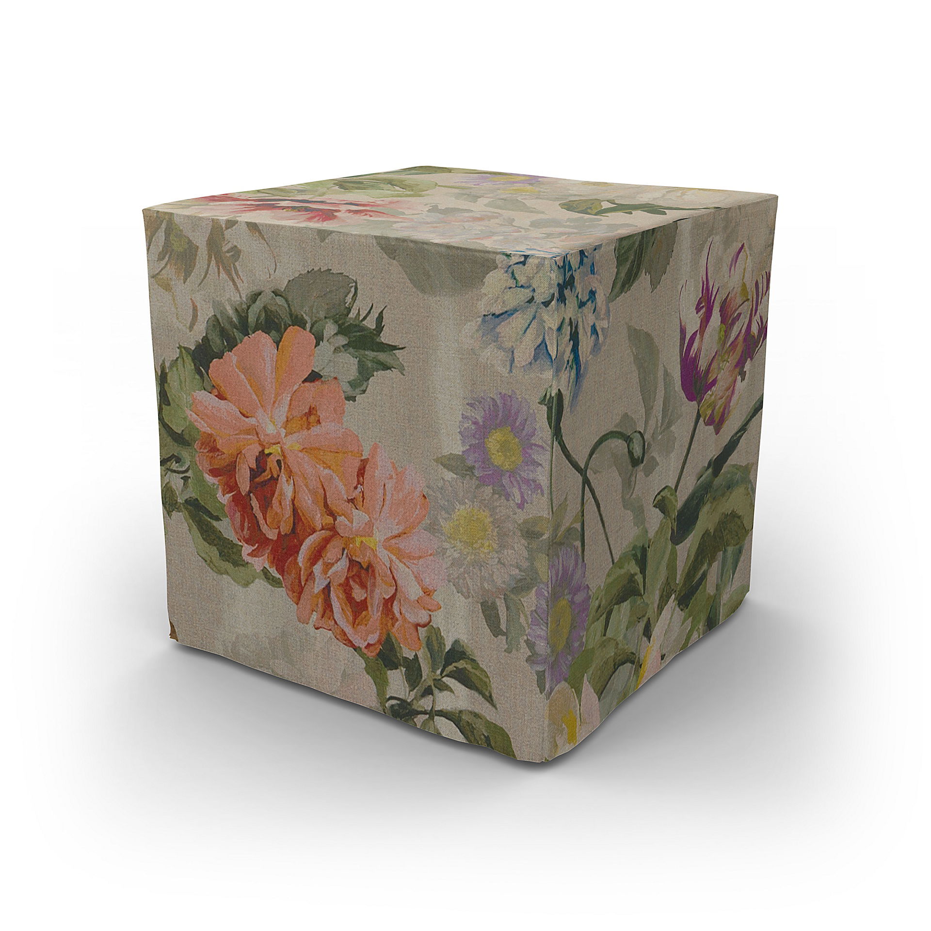 IKEA - Pällbo Footstool Cover, Delft Flower - Tuberose, Linen - Bemz